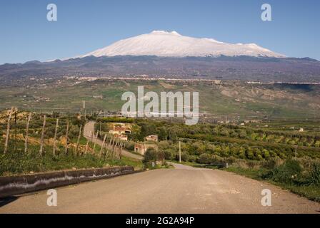 road crosses cultivated land and in the background the mount Etna cover by snow against the blue sky Stock Photo
