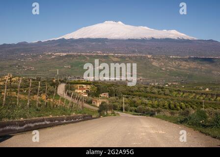 road crosses cultivated land and in the background the mount Etna cover by snow against the blue sky Stock Photo