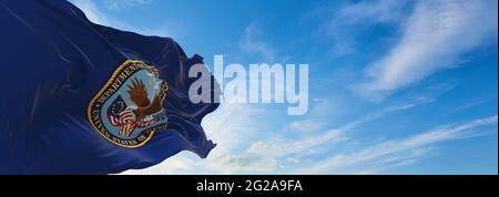 flag of United States Department of Veterans Affairs waving in the wind. USA National defence. Copy space. 3d illustration. Stock Photo