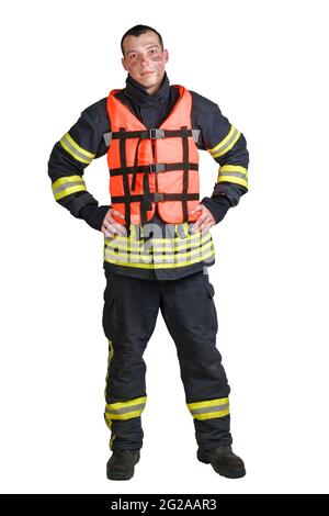 Smiling young man in uniform of firefighter and orange life jacket Stock Photo