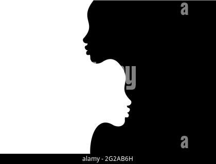 Two silhouettes of a woman head are turned away from each other on a black and white background. Two women faces portrait Vector template Stock Vector