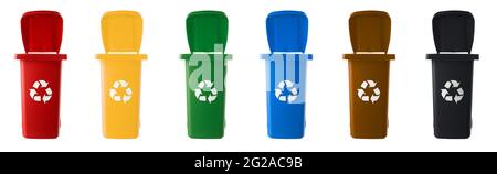 Set of plastic multicolored trash cans isolated on white background Stock Photo