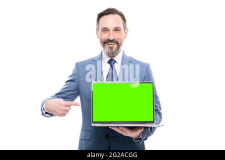 happy office worker pointing finger computer for copy space copy space, video conference. Stock Photo