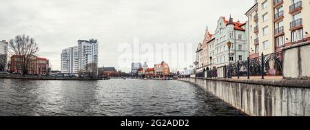 Fish Village, House of Soviets and Cathedral on the bank of the river Pregolya, tourist attractions of Kaliningrad Stock Photo