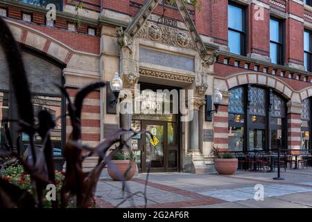 SYRACUSE, NEW YORK - SEP 25, 2020: Closeup shot of the main entrance of the Historic White Memorial Building was built in 1876 with Victorian Gothic s