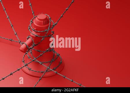 Red Megaphone with black wiggle barbed wire 3D rendering, Protest against dictatorship threaten censored press concept poster and social banner horizo Stock Photo