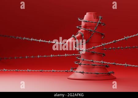 Red Megaphone with black wiggle barbed wire 3D rendering, Protest against dictatorship threaten censored press concept poster and social banner horizo Stock Photo