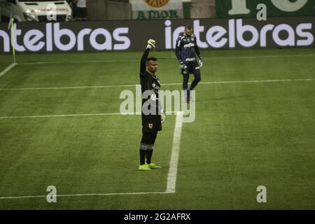 Diogo Silva do CRB celebrates saving penalty and thus winning penalty  competition for CRB during the Copa do Brasil football match between  Palmeiras v CRB at the Allianz Parque stadium in Sao