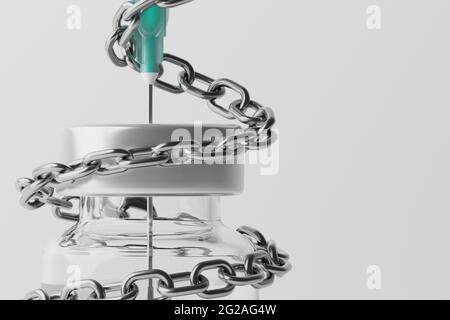 3D rendering Covid-19 vaccine syringe and bottle lock with chain, Hoarding problem, Vaccination Campaign for Herd immunity protection from pandemic co Stock Photo