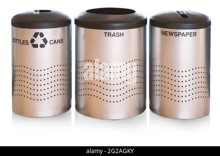Recycling bins for plastic, paper and glass, isolated on white background. Clipping path Stock Photo