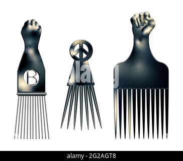 Illustration of a group of three black power hair picks, isolated on white background.. Clipping path. Stock Photo