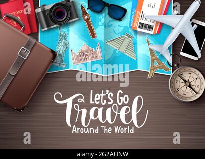 Travel vector design. Let's go travel around the world text in wood space background with traveler elements for trip and tour worldwide destination Stock Vector