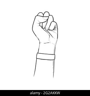 Fist raised in the air. Hand gesture as symbol of fight, freedom and determination. Sketch vector illustration isolated in white background Stock Vector