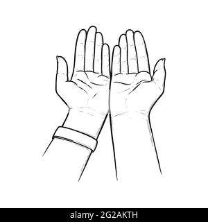 Outstretched hands praying for help and care. Open empty hands asking for protection. Sketch vector illustration isolated in white background Stock Vector