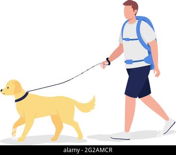 Man with backpack walk with dog semi flat color vector character Stock Vector