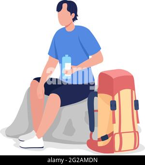 Hiker drinking water semi flat color vector character Stock Vector