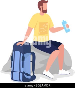 Resting backpacker semi flat color vector character Stock Vector