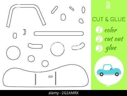 Color, cut and glue paper turquoise car. Cut and paste craft activity page. Educational game for preschool children. DIY worksheet. Kids logic game, a Stock Vector