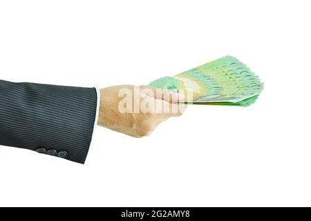 Businessman hand holding money - Australian Dollar Banknotes Stock Photo