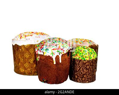 Easter bread with colored glaze on a white background. Easter bread artos. Orthodox Church. Religious tradition. Religious Christian holiday. Dough ba Stock Photo