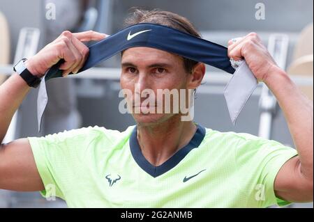 Paris, France. 09th June, 2021. Raphael Nadal during the 2021 French Open at Roland Garros on June 9, 2021 in Paris, France. Photo by Laurent Zabulon/ABACAPRESS.COM Credit: Abaca Press/Alamy Live News