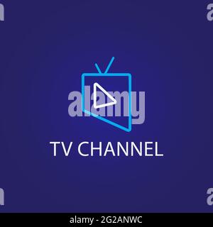 Online TV Channel Logo on Dark Blue Background. Monoline Logo Design Template with Television and Play Button Shape. Light Blue and White Color Theme Stock Vector