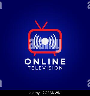 Online TV Channel Logo on Dark Blue Background. Pictorial Marks Logo Design Concept with Television and Live Feeds icon. Red Blue and White Color ID Stock Vector