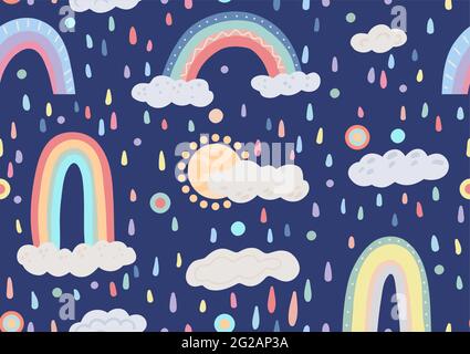 Children cartoon nature pattern with colorful rain, clouds, rainbow and sun on a dark blue background. Vector flat texture of the sky. Wallpaper for t Stock Vector