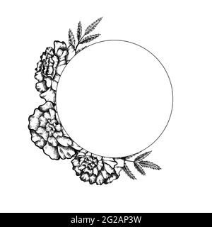 Round frame with monochrome sketch of marigolds with leaves and copy space. Invitation cards with flowerhead. Vector outline natural template for post Stock Vector