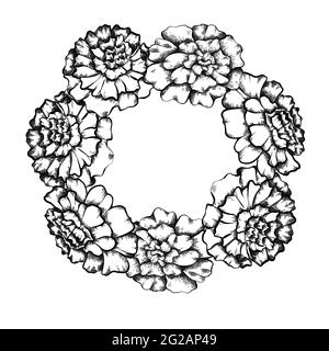 Round frame with monochrome sketch of marigolds and copy space. Invitation cards with garland of flowerhead. Vector outline natural template for postc Stock Vector