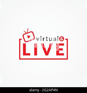 Virtual and Live logo concept with square shape and tv icon with play button. Broadcasting Company Logo Design Template isolated on white background. Stock Vector