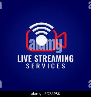 Live Streaming Services Company Logo Design Template. Pictorial Marks Logo Concept with Video Camera and Wireless Signal icon. Red, Blue and White Stock Vector