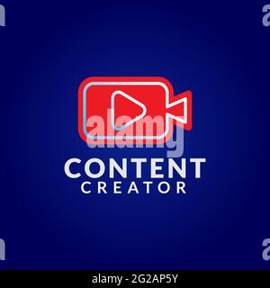 Content Creator Logo Design Template on Dark Blue Background. Pictorial Logo Concept with Red Camcorder and Play Button Icon. Stock Vector
