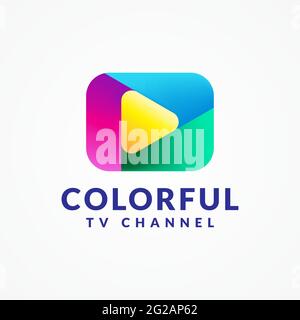 Colorful Play Button Vector Illustration. Millennials, Gen Z TV Channel Logo Concept Isolated on White Background. Blue, Yellow, Green, Pink, Magenta Stock Vector