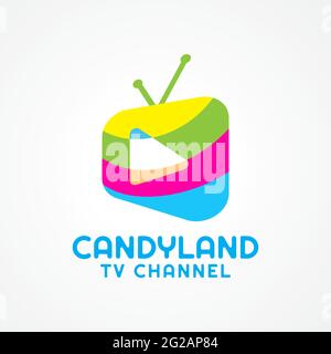 Candyland TV Channel Logo isolated on White Color Background. Colorful Television with Play Button Logo Concept. Suitable for Kids Program. Stock Vector