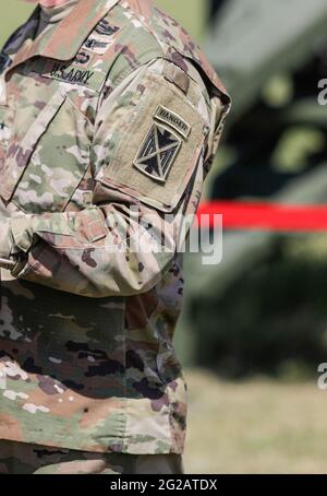 Capu Midia, Romania - June 9, 2021: Details with the US Army Ranger tab on the shoulder sleeve insignia of an officer. Stock Photo