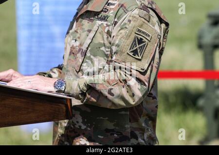 Capu Midia, Romania - June 9, 2021: Details with the US Army Ranger tab on the shoulder sleeve insignia of an officer. Stock Photo