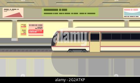 High-speed train at the metro station. Suburban and urban underground transport. Railway with a locomotive. Illustration. Flat style design. Vector Stock Vector