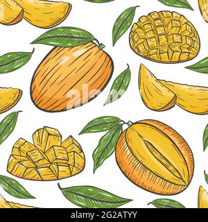 Seamless pattern with mango, vector. Continuous background with exotic tropical fruits. Mango whole and halves, leaves. Pattern with healthy natural f Stock Vector