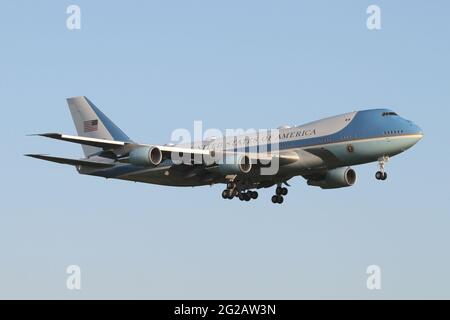 USAF VC-25A 82-8000, callsign Air Force One landing at RAF Mildenhall in Suffolk with President Joe Biden onboard for the g7 in the UK. Stock Photo