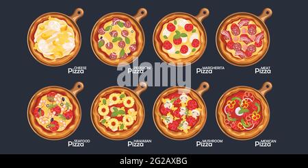 Pizza set delicious fresh pizza, fast food with different fillings. Margarita, cheese, mushroom collected on the background. Stock Vector