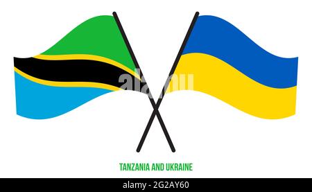 Tanzania and Ukraine flag waving together in the wind on blue sky, two ...