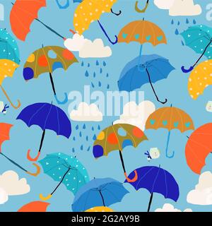 Seamless Pattern with Colorful Umbrellas in the Sky Stock Vector