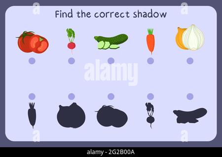 Matching children educational game with food - tomato, radish, zucchini, carrot, onion. Find the correct shadow. Vector illustration. Stock Vector