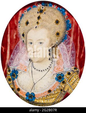 Anne of Denmark (1574–1619), Queen Consort of England, Scotland, and Ireland as wife of King James VI of Scotland (King James I of England), portrait miniature by studio of Nicholas Hilliard, after 1574 Stock Photo