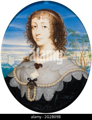 Queen Henrietta Maria (1609-1669), Queen consort and wife of Charles I of England, Scotland, and Ireland, portrait miniature by David Des Granges after Sir Anthony Van Dyck, painting after 1636 Stock Photo