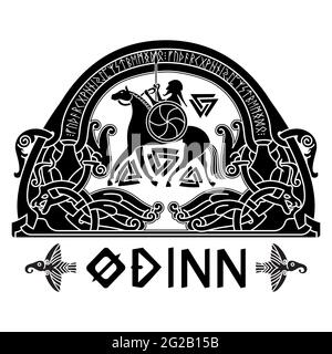 Scandinavian Viking design, God Odin on a war horse and Old Norse ornament with runes, isolated on white, vector illustration Stock Vector