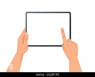 human hands holding tablet pc with blank touch screen using digital device concept isolated Stock Vector