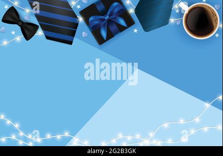 Father's day concept vector illustration blue background. Fathers day banner with necktie, bow, coffee cup, gift box and fairy lights. Stock Vector