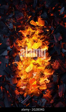 Red and hot pieces of coals or smolders after fire stopped burning. Top view. Stock Photo